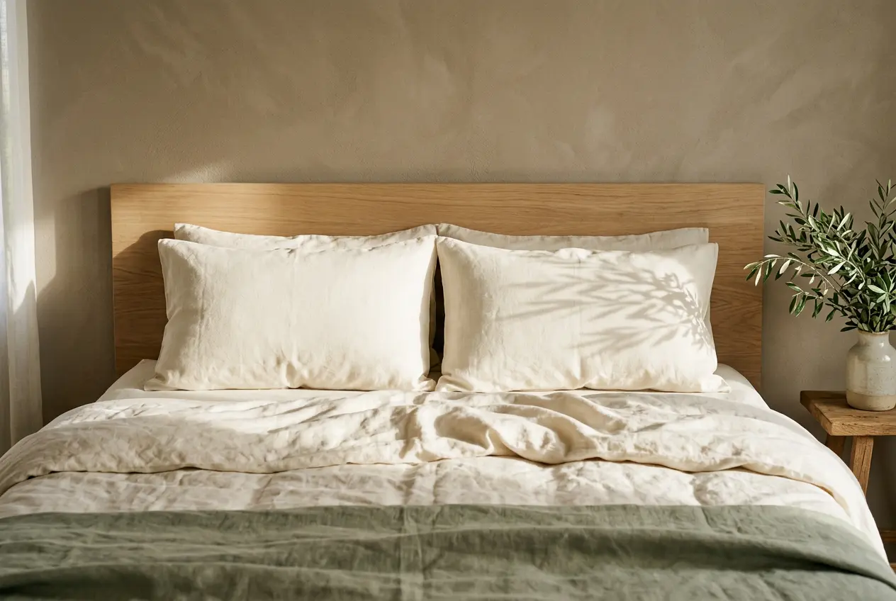 Bedroom styling inspiration: ivory pillows and linen bedding in warm morning light